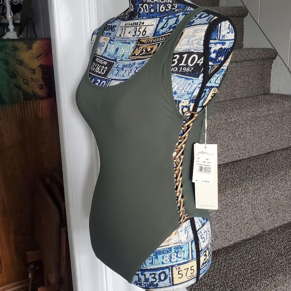 GOTTEX~ OLIVE GREEN SWIMSUIT WITH BRONZE CRISSCROSS DOWN EACH SIDE!